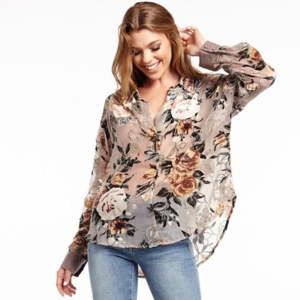 Aratta Silent Journey Floral Semi Sheer Burnout Top Sz M Feminine Fairy